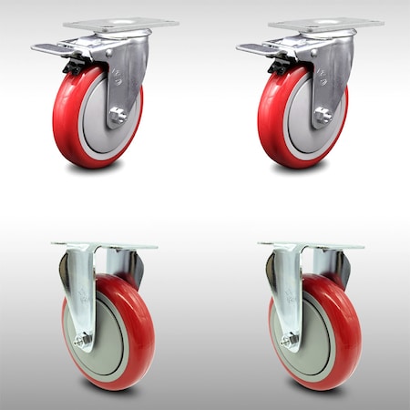 Service Caster 5 Inch SS Red Polyurethane Top Plate Caster Lock Brake 2 Rigid SCC, 2PK SCC-SSTTL20S514-PPUB-RED-2-R-2